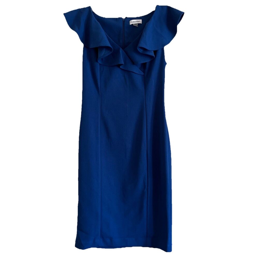 Calvin Klein Sheath Dress Women's 4 Royal Blue Ruffled V-Neck Full Zip Colorful